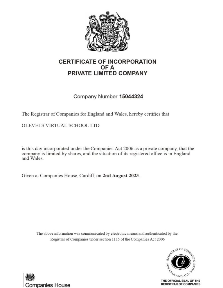 Certificate of Incorporation (United Kingdom)