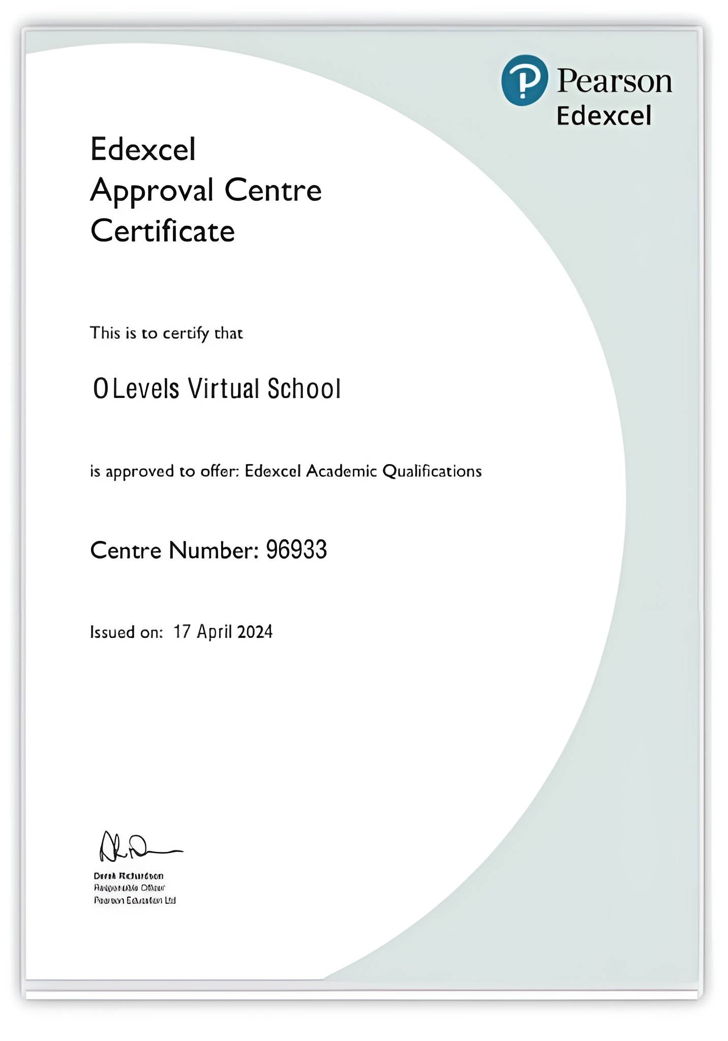 Pearson Edexcel Approval Certificate
