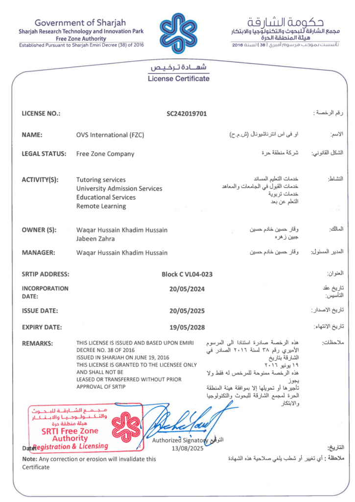 Sharjah Free Zone License Certificate